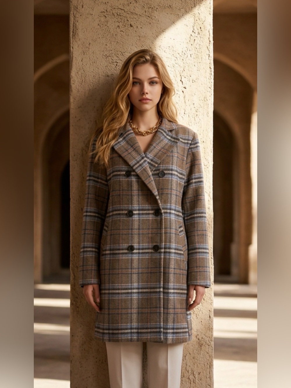 DAVI & DANI Brown and Blue Plaid Double-Breasted Pea Coat